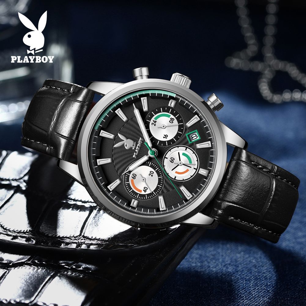 PLAYBOY TY3305 สปอตสินค้า นาฬิกาข้อมือผู้ชาย กันน้ำ สายหนัง สไตล์ธุรกิจ โครโนกราฟ ส่องสว่าง
