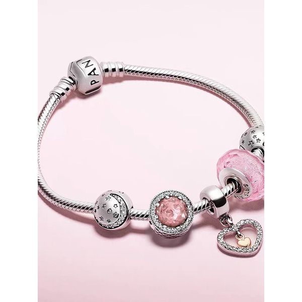 Pandora แท้ เงิน925 14K สร้อยข้อมือ กำไล Heart T-Button Snake Bone Chain Bracelet ของแท้ 100%